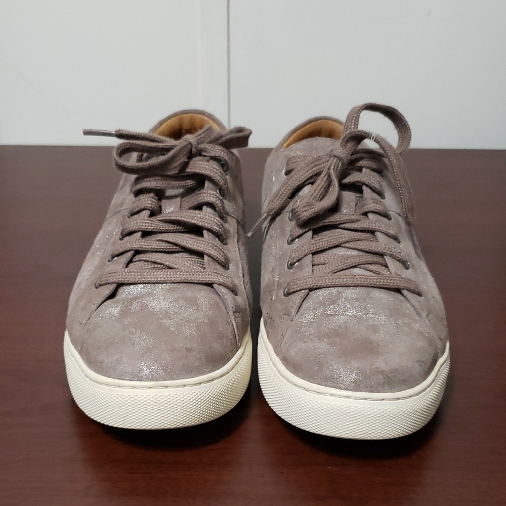 TRASK Lindsey Pewter Italian Metallic Taupe Suede Casual Sneakers